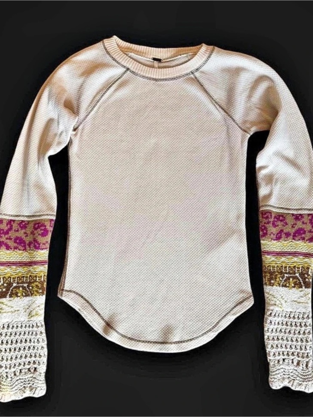 Free People Waffle & Crochet Long Sleeve Top